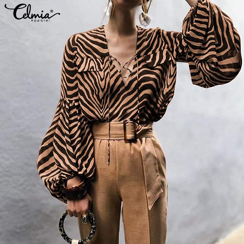 Women Blouse Sexy V-neck Shirts Celmia 2019 Autumn Casual Lantern Sleeve Lace Up Zebra Pattern Work Tops Plus Size Blusas Mujer