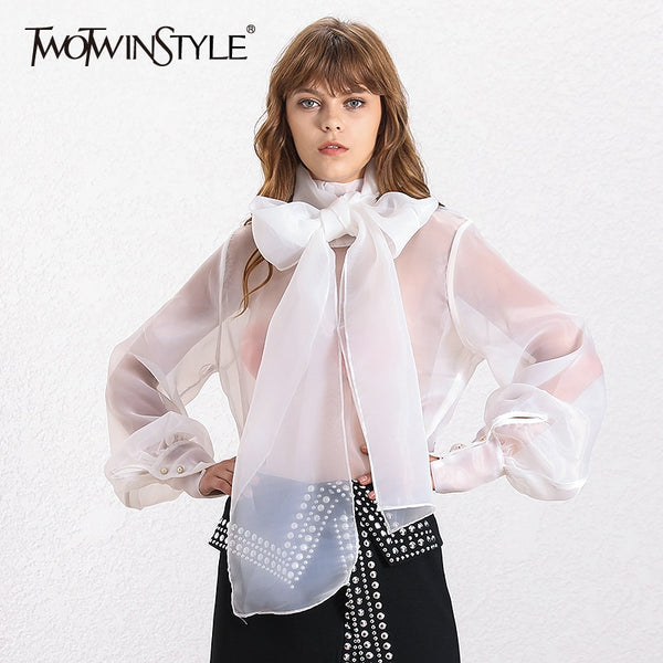TWOTWINSTYLE Elegant Perspective Womens Tops And Blouses Lantern Sleeve Lace Up Plus Size Shirts Female 2019 Autumn Fashion New