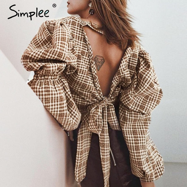 Simplee Vintage plaid shirt women blouse Sexy backless lace up female top shirt Autumn puff sleeve oversize ladies blouse shirt