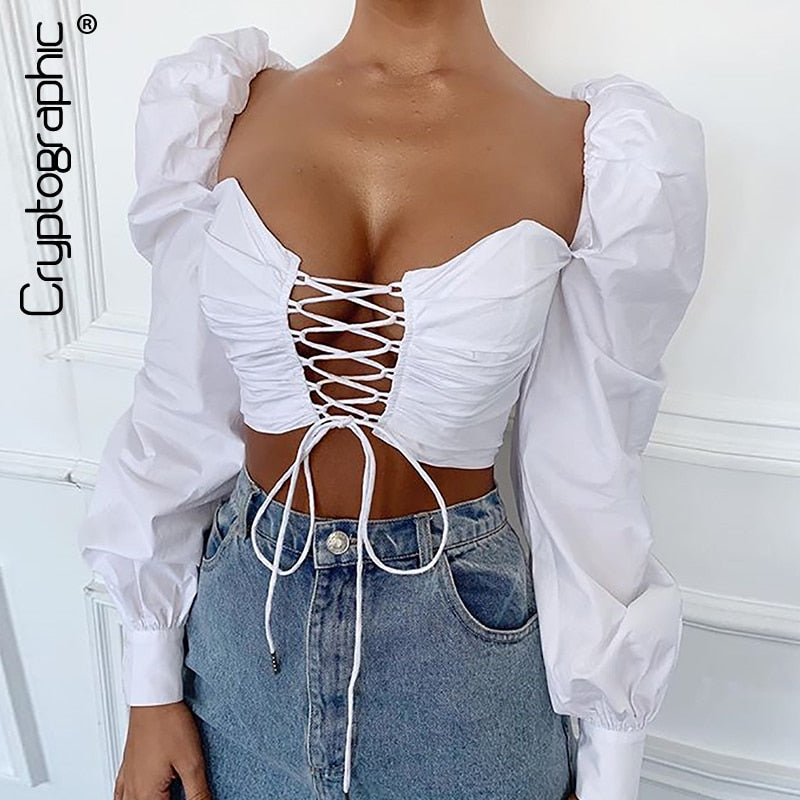 Cryptographic White Puff Sleeve Sexy Lace Up Blouses Ladies Off Shoulder Tops  Backless White Shirts Blusa Autumn Streetwear