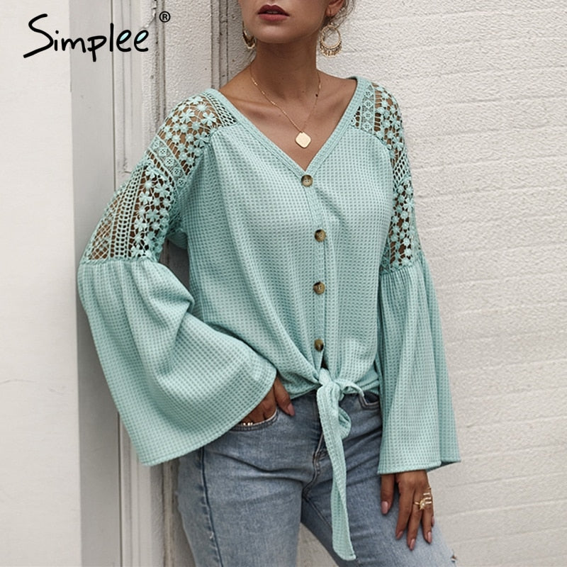 Simplee Sexy v-neck women blouse Elegant lace embroidery hollow out loose sleeve office tops Lace up autumn female blouse shirts