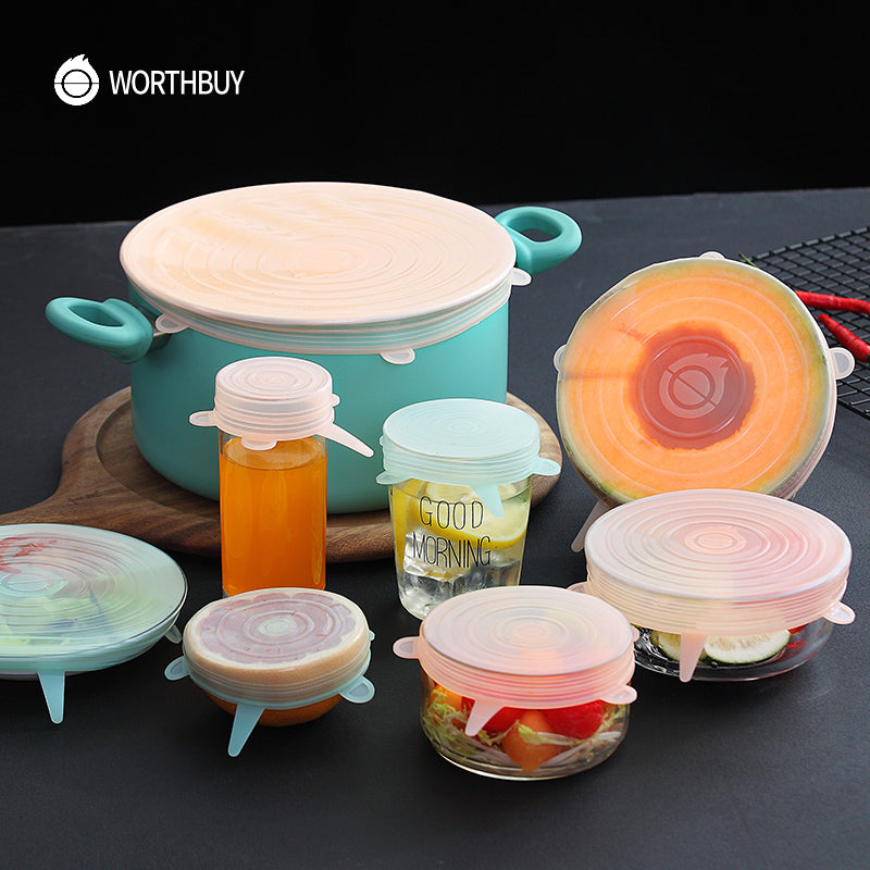 6 Pcs/ Set Universal Food Silicone Cover Reusable Silicone Stretch Lids Caps For Cookware Pot Cover Kitchen Accessories