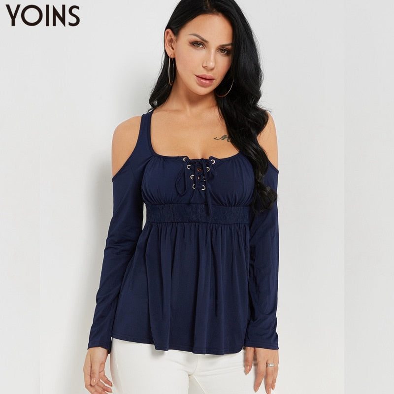 YOINS Women Sexy Off Shoulder Blouses Shirts 2019 Fall Spring O Neck High Waist Lace-Up Patchwork Long Sleeve Solid Blusas Tops