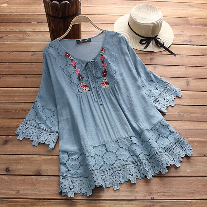 ZANZEA 2019 Summer Lace Crochet Blouse Women Patchwork Lace Up Shirts Chemise Hollow Blusas Tunic Tops Casual Tee Plus Size