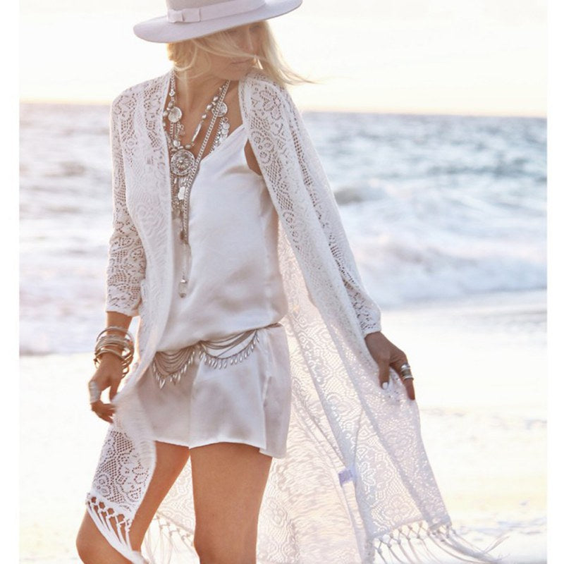 Boho Women Fringe Lace kimono cardigan White Tassels Beach Cover Up Cape Tops Blouses damen bluze