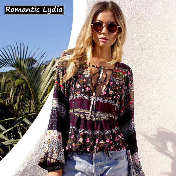 Women Boho Bohemian Top Summer Vintage Floral Print Lantern Sleeve Casual Tops Blouse Shirt Plus Size 2018