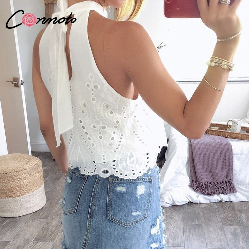 Conmoto White Embroidery Women Tops and Blouse 2019 Summer Off Shoulder Crop Female Lace up Hollow out Polka Dot Plus Size Shirt