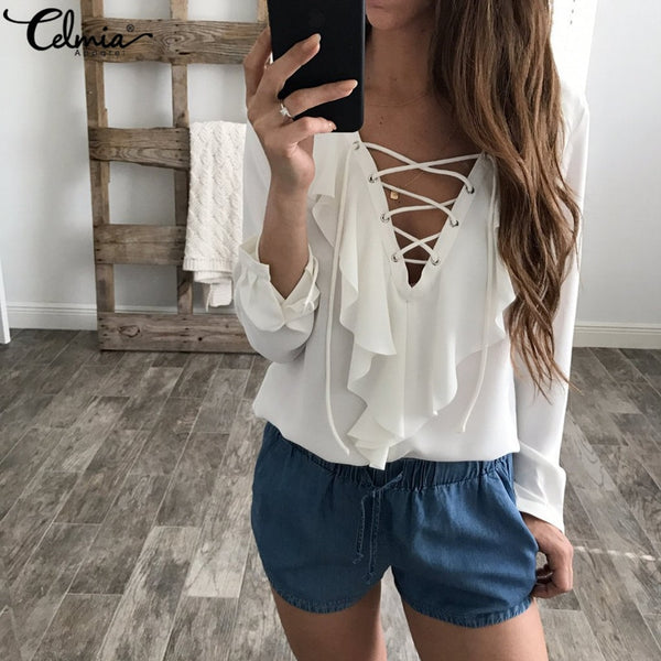 Celmia Womens Summer Blouse 2019 Chiffon Blouse Sexy Top Lace Up V Neck Ruffle Long Sleeve Shirt Casual Plus Size Blusa Feminina