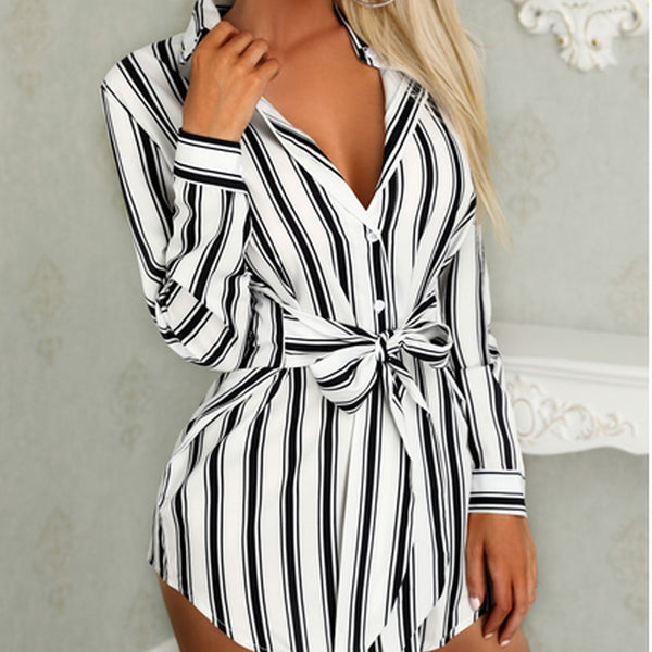 Striped Shirt Women Lace Up Blouses Tops Casual Sexy V Neck Long Sleeve Blouse Elegant Office Wear Blusas Femme Plus Size White