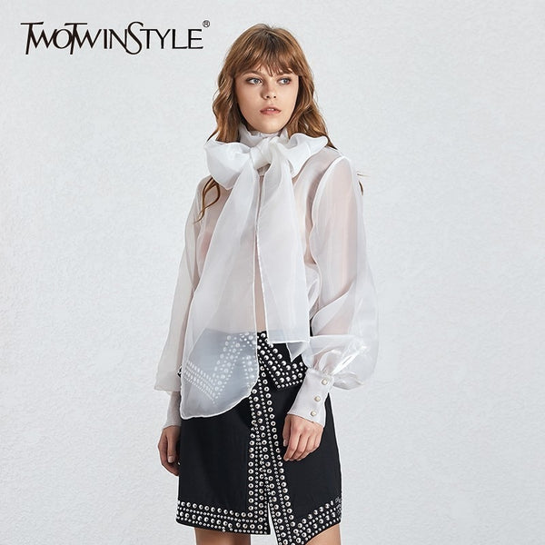 TWOTWINSTYLE Summer Casual Mesh Perspective Thin Women Shirt Lace Up Bow Collar Long Sleeve Loose Slim Button Female Tops 2019