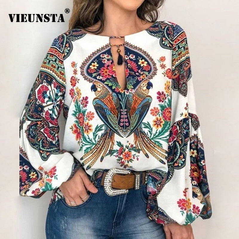 VIEUNSTA 2019 Boho Blouse Floral Print Lantern Sleeve Shirt Sexy Lace-up Tassel O Neck Women Tops Spring Summer Chic Blouses 5XL