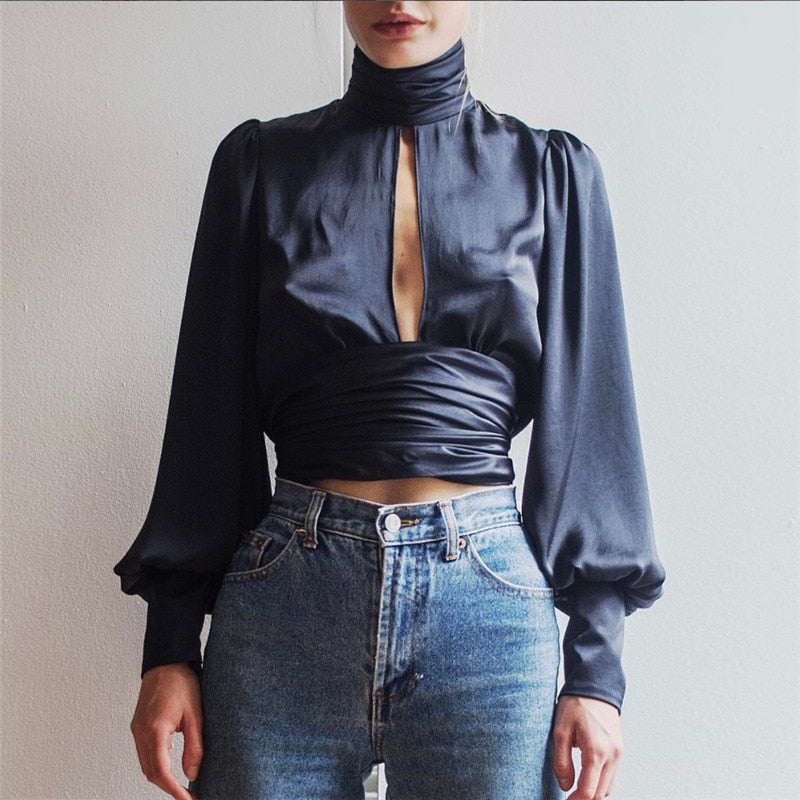 New Spring Autumn Vintage Sexy Lace Up Bow Satin Blouse Turtleneck Shirt Backless Open back Blusas Women Puff Sleeve Crop Top